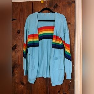 Unique Vintage Plus Size Sky Blue Rainbow Open Long Cardigan - One Size